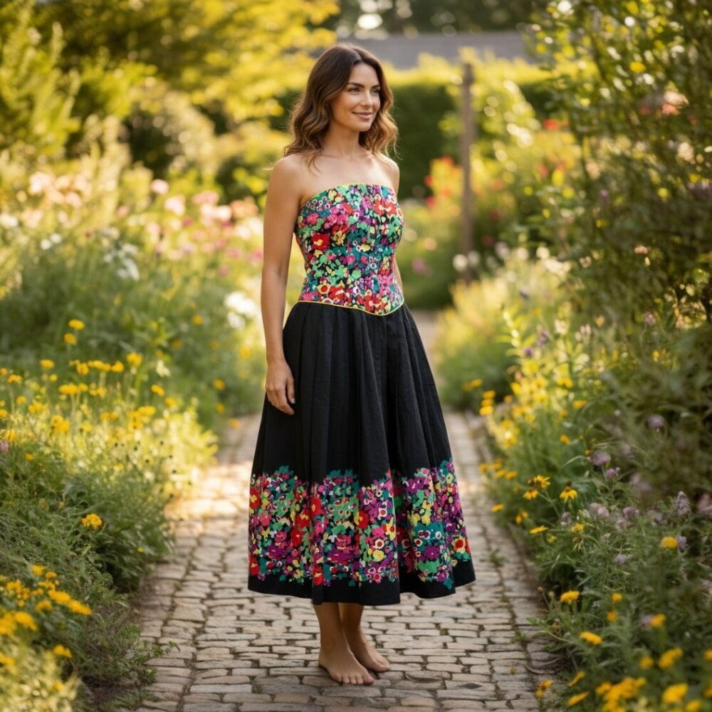 Vintage Floral Strapless Midi Dress Made in USA Cottagecore Garden Party Size 8